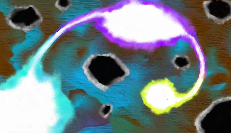Objects floating against an abstract background. Three white blobs with coloured borders are linked by tendrils, other black ones have hard grey borders and are not linked.